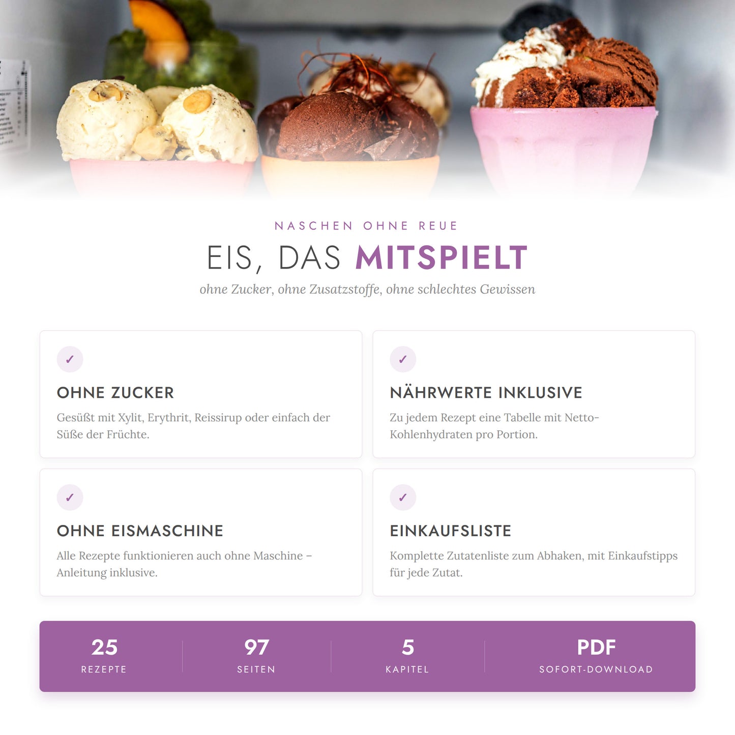Low Carb Eis ohne Zucker – ohne Eismaschine, mit Nährwerten und Einkaufsliste